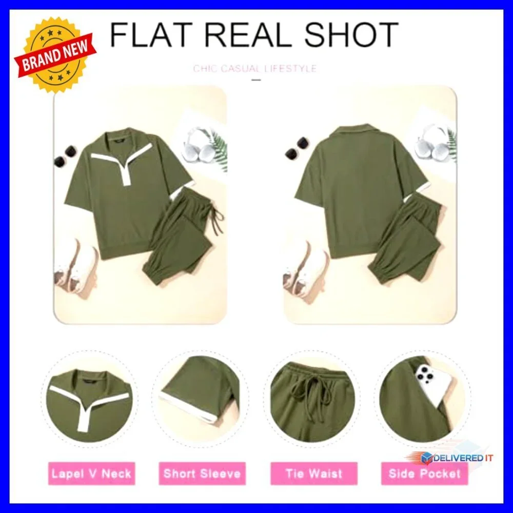 V-Neck Lapel Short Sleeve Tops Long Pants Tracksuit Lounge Jogger Set with - Picture 2 of 7